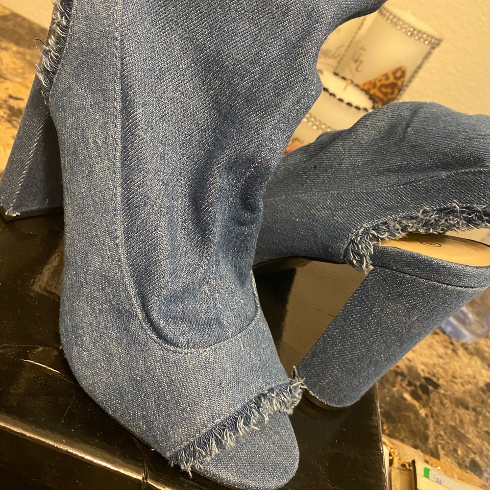 Denim peep toe booties